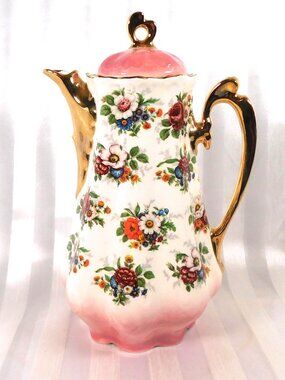 Unmarked Pink  and White Floral Teapot Chocolate Pot # 26139